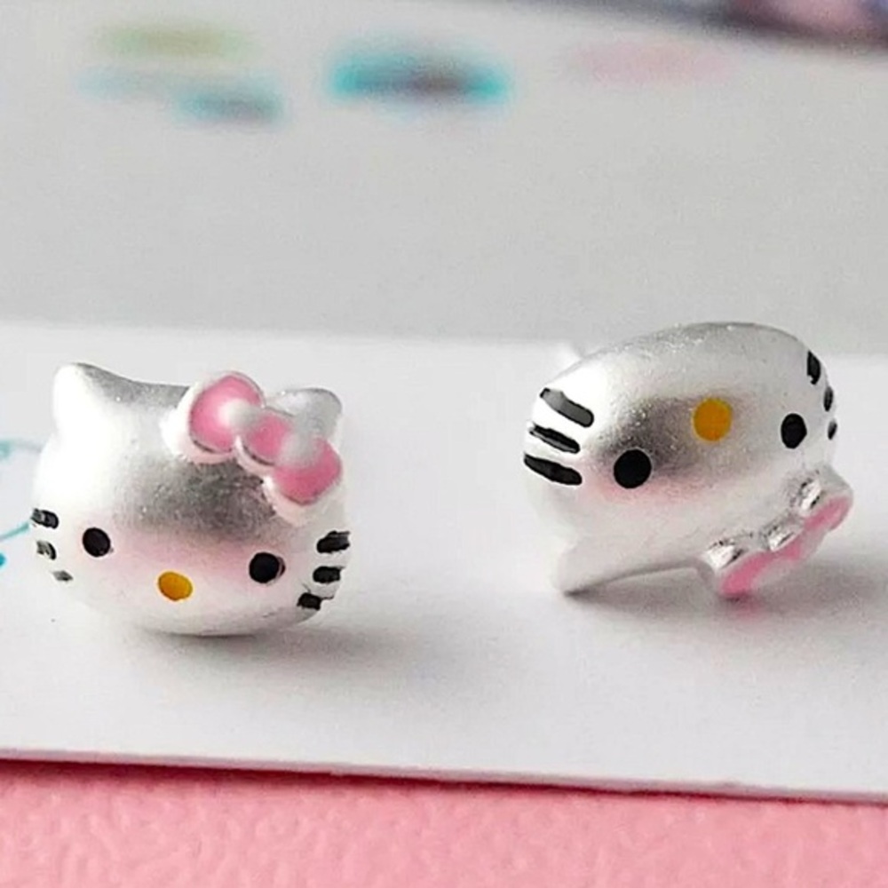 Silver Tone Silver Hello Kitty Stud Earrings Kawaii Pink Bow Sanrio Jewelry